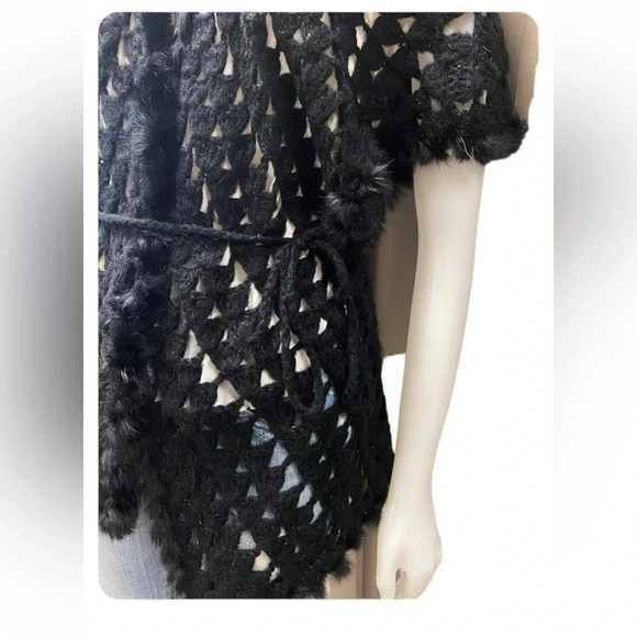 La Cite Rabbit Fur Wool Black Open Short Sleeve Cardigan Size Large - Picture 5 of 11